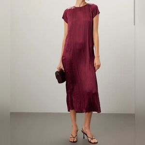 Madewell Women's Short-Sleeve Silky Slip Midi Dress in Plissé, Dark Red, XS NWOT